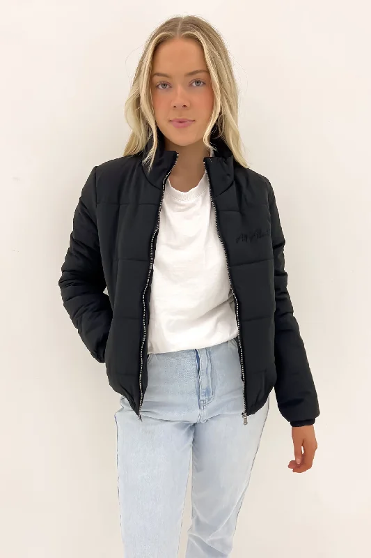 Classic Puffer Jacket Black Front Pockets Side Pockets Patch Pockets