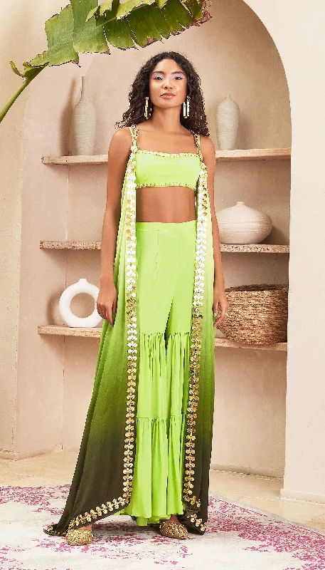 Leyan - Green Ombre Jacket with Bustier and Pants Rayon Fabric Velvet Fabric Corduroy Fabric