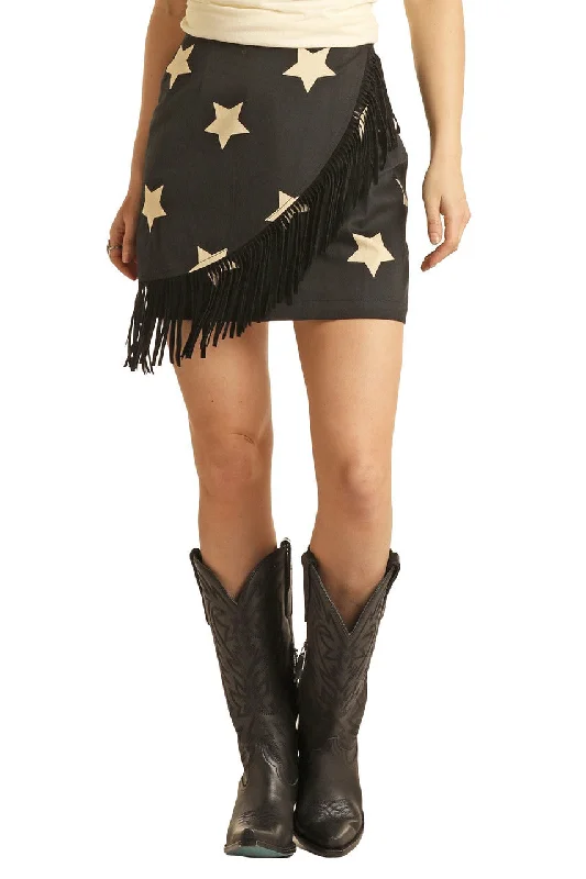 Rock & Roll Denim West Desperado Fringe Mini Skirt BW69B02755 JJ silk skirt luxurious
