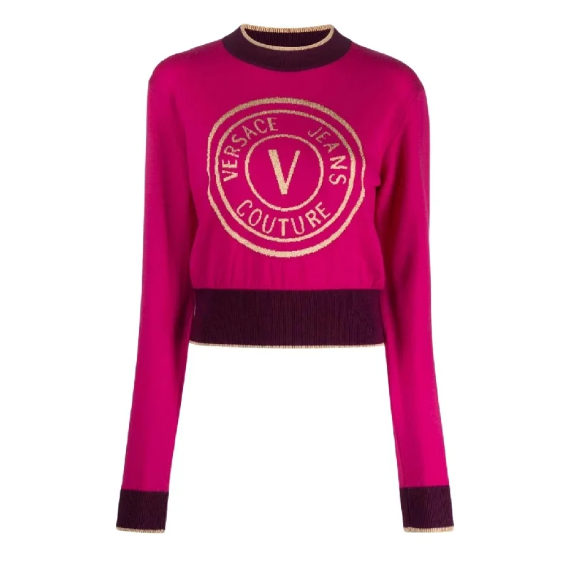 Versace Jeans Couture V Emblem Pink Wool Sweater Bright Pastel Dark