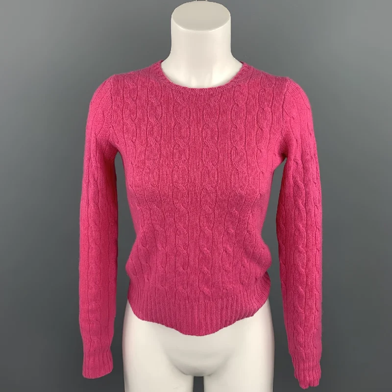 RALPH LAUREN Size S Fuchsia Cable Knit Cashmere Crew-Neck Sweater Hooded Caped Shawl Collar