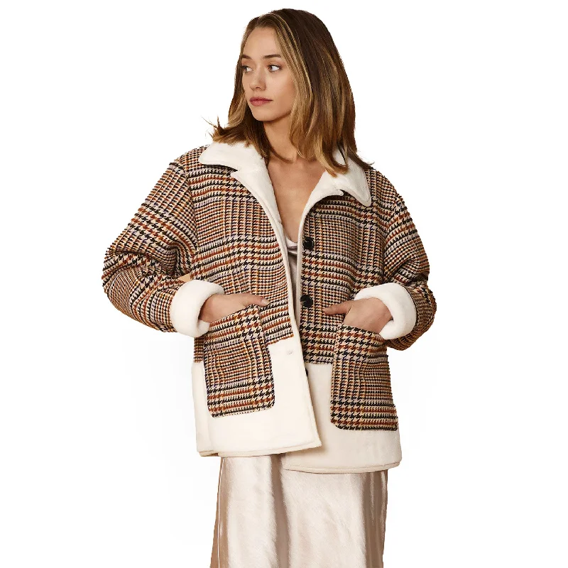 Women's Plaid Fur Jacket in Rust Houndstooth Front Pockets Side Pockets Patch Pockets