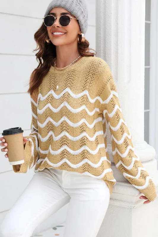 WOMEN OVERSIZED WAVE PATTERNED HOLLOW KNIT SWEATER Striped Floral Plaid