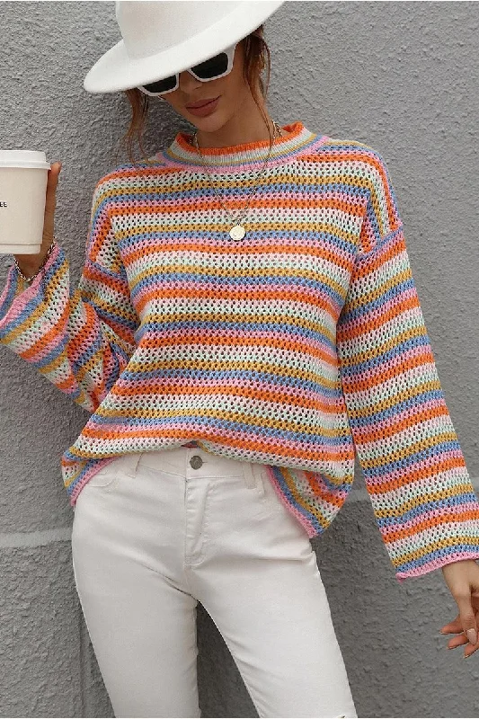 COLOR STRIPE KNIT PULL OVER SWEATER TOP Cable Knit Ribbed Knit Lace Knit