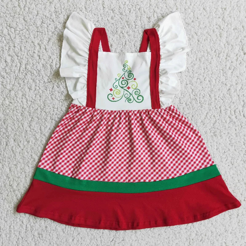 E3-19 Red Christmas plaid flying sleeve skirt button skirt front