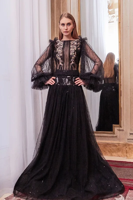 Embroidered semi tansparent top with A line skirt chiffon skirt airy