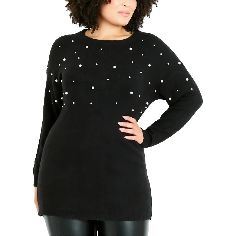 Evans Womens Knit Embellished Crewneck Sweater Spandex Blend Rayon Blend Denim Blend