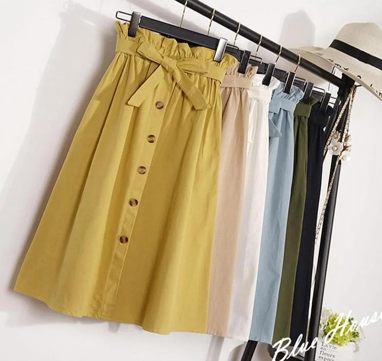 Midi Knee Length Elegant Button High Waist Skirt ruffled skirt detail