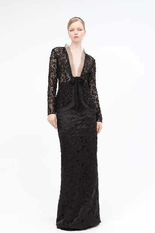 Deep V-neck top with brocade skirt cotton skirt soft