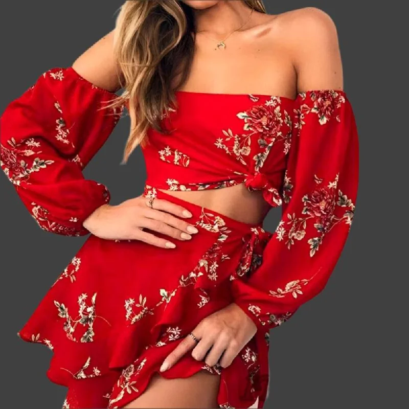 Floral Off Shoulder Ruffles Top Skirt  2 Pieces Set floral skirt print