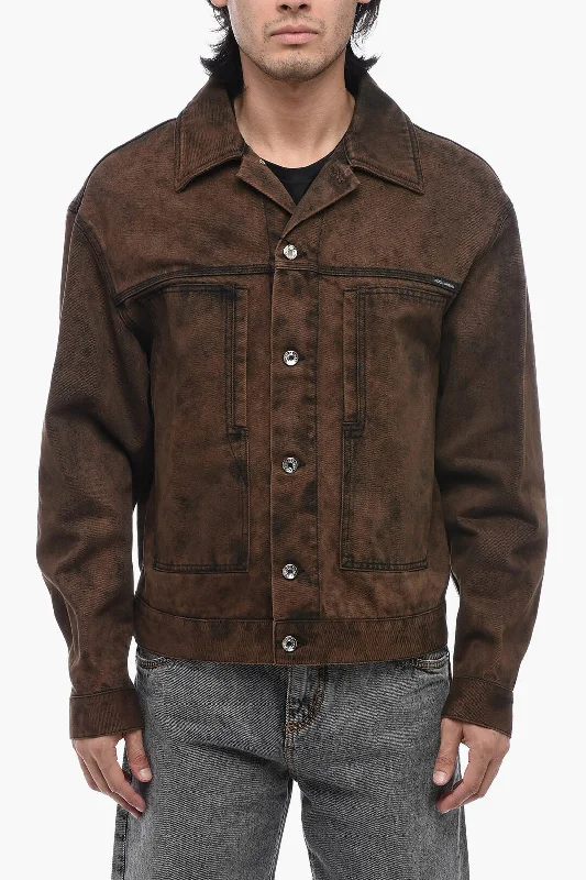 Dolce & Gabbana Acid-Wash Denim Jacket With Logo Application Fleece Fabric Down Fabric Feather Fabric