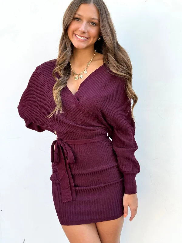 Wine Ribbed Sweater Dress Hooded Sweater Collared Sweater Shawl Collar