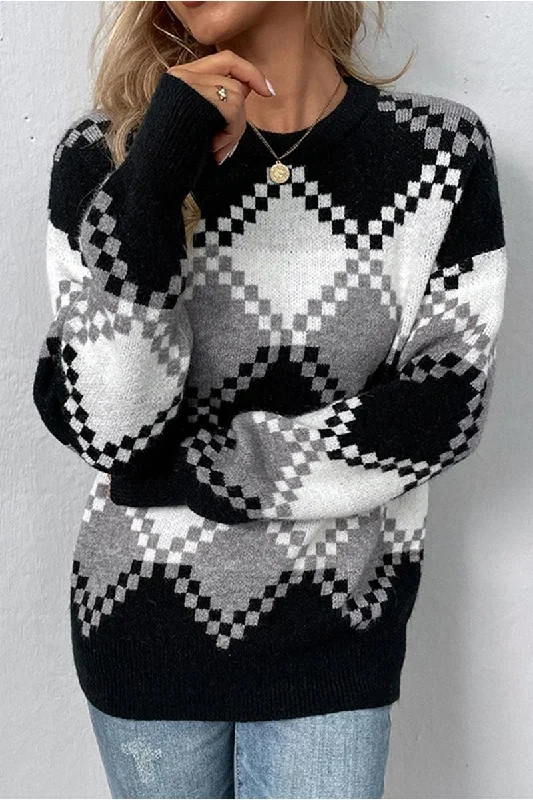 WOMENS ARGYLE PATTERN SWEATER TOP Hooded Sweater Collared Sweater Shawl Collar