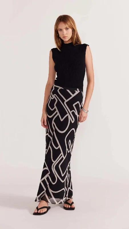 Staple the Label - Vento Bias Maxi Skirt in Black/Cream velvet skirt rich