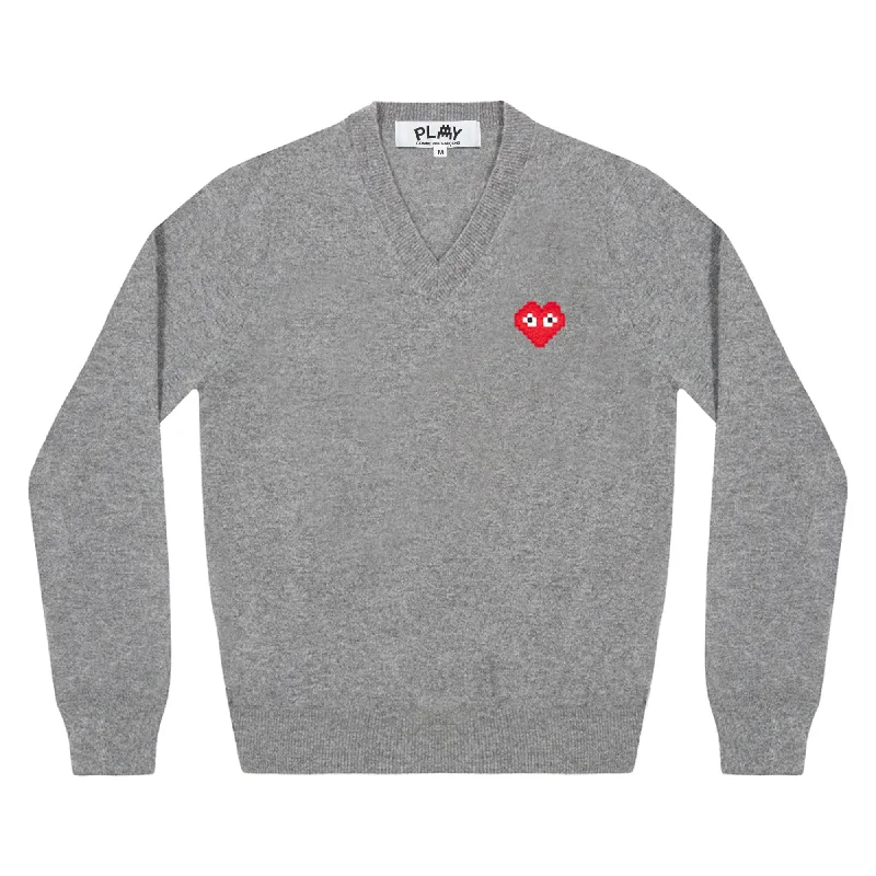Play Comme des Garçons x the Artist Invader V-Neck Sweater (Top Grey) Satin Blend Silk Blend Wool Blend
