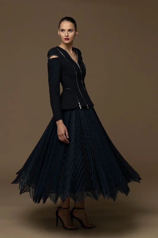 Zipper detailed top with midi tulle skirt summer skirt style