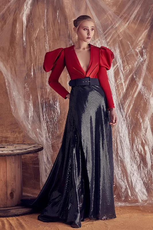 A line sequined skirt featuring deep V neck top with belt denim skirt classic