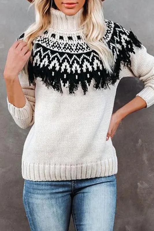 WOMEN VINTAGE TASSEL HIGH NECK BOHEMIAN SWEATER Ribbed Striped Patterned