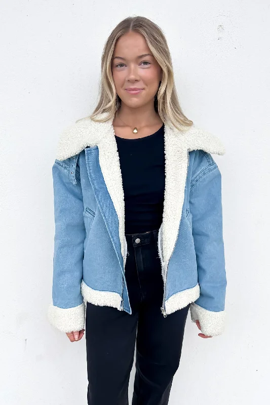 Izzy Denim Sherpa Jacket Blue Wool Fabric Cashmere Fabric Tweed Fabric