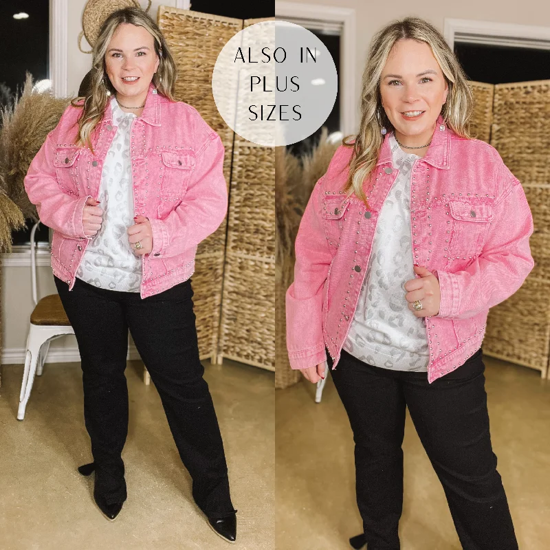 Always Impressed Cropped Denim Jacket with Silver Studs in Pink Notch Collar Peter Pan Collar Cowl Neck