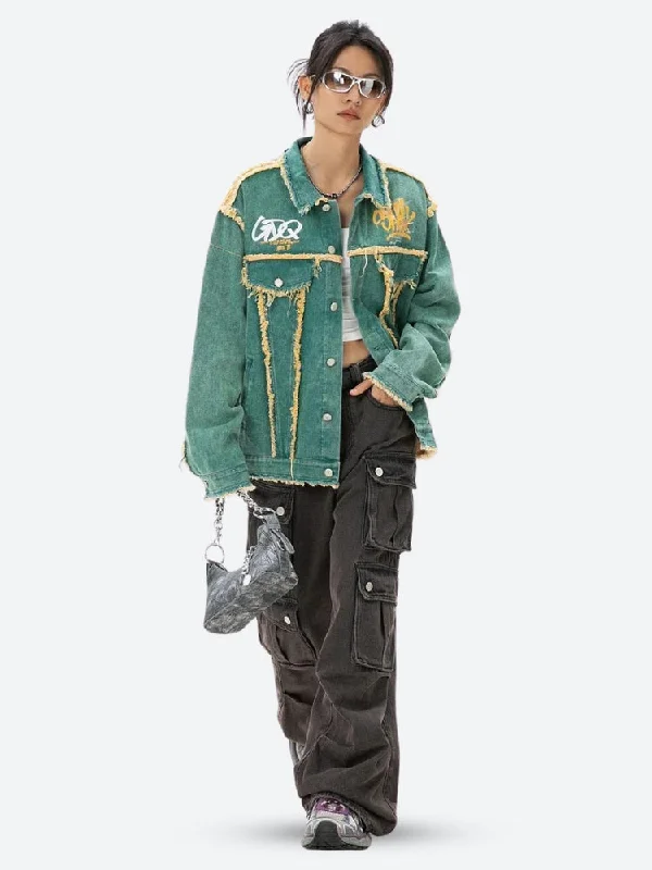 Green Denim Jacket Snapped Jacket Toggled Jacket Drawstring Jacket