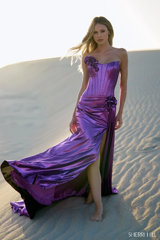 Sherri Hill 56839 Metallic Strapless Gown with Skirt Slit wool skirt breathable
