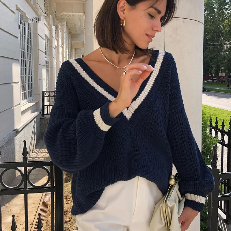 2 Pieces Women Casual Stitching Color Loose V-Neck Long-Sleeved Knitted Sweater Jersey Fabric Tulle Fabric Batik Fabric