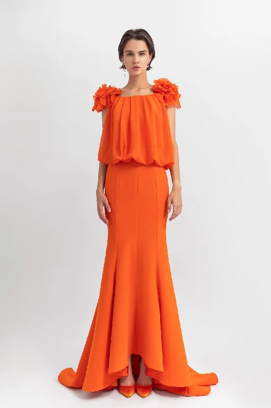 Floral shoulders sleeveless top with mermaid skirt silk skirt luxurious