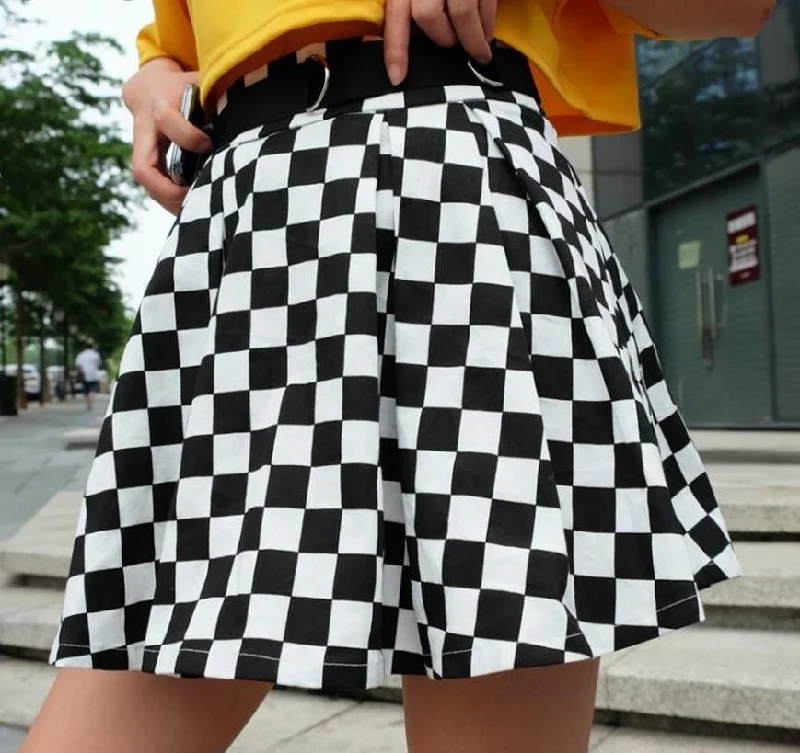 Pleated Checkerboard High Waist Short Skirt denim skirt classic