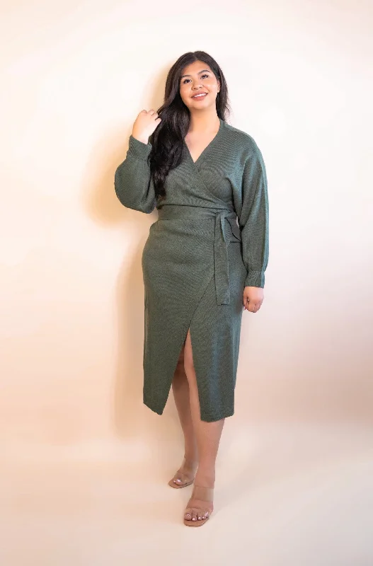 Roslyn Sweater Wrap Midi Dress - Olive Anti-Pilling Anti-Shrink Durable