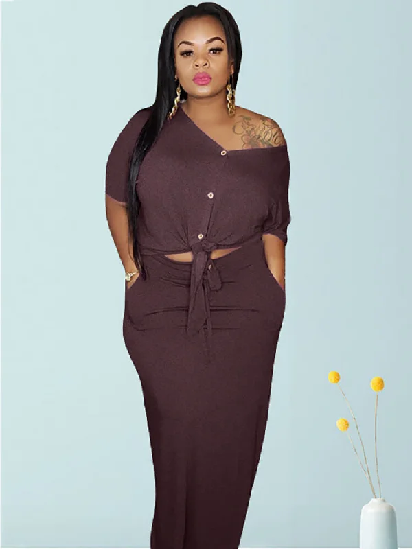 Plus Size 2 Piece Button Twist Knot Top+Pocket Skirt Set silk skirt lustrous