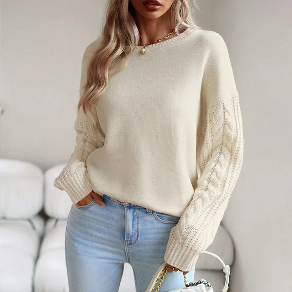 European style Round collar Long sleeve Sweater Blouse Spandex Blend Rayon Blend Denim Blend