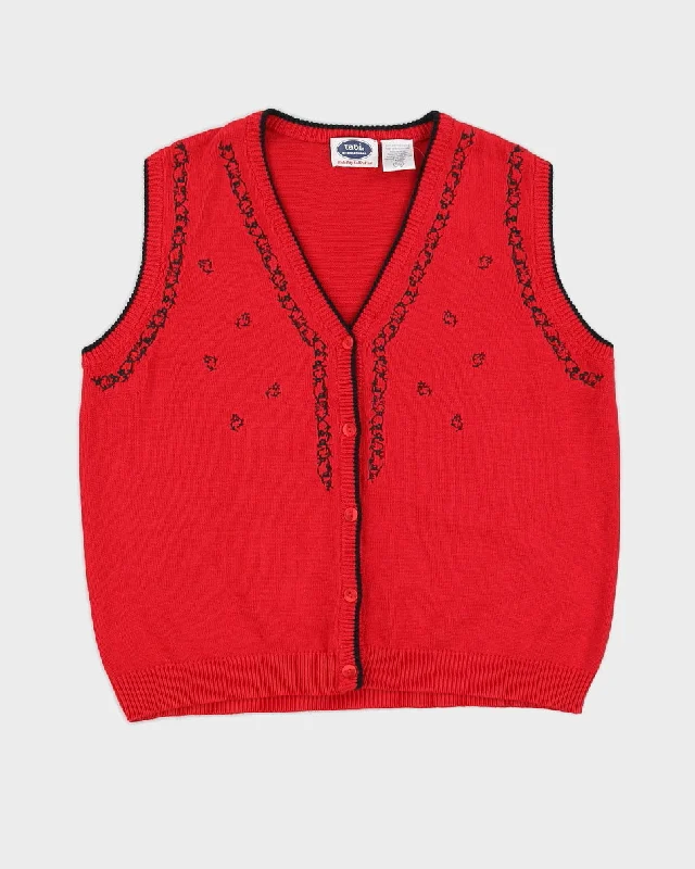 Red Knitted Button Up Sweater Vest - L Chenille Brocade Lace