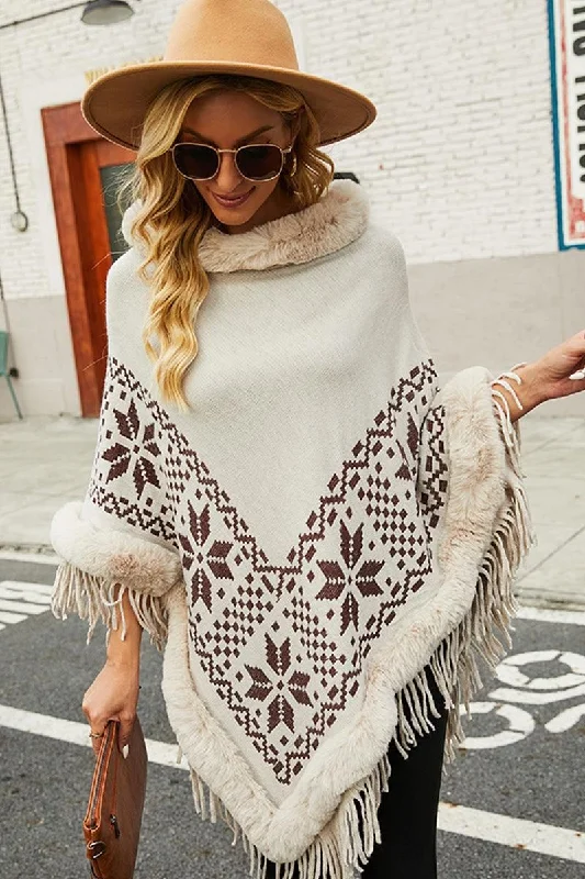 FUR COLLAR BEADED TASSEL HEM SWEATER SHAWL Embroidered Appliqued Beaded
