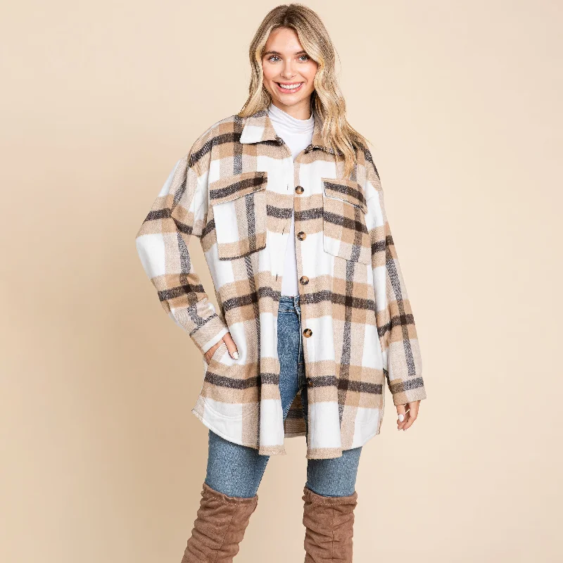 Lapel Button Up Plaid Flannel Shacket Shirt Jacket Fleece Jacket Down Jacket Parka