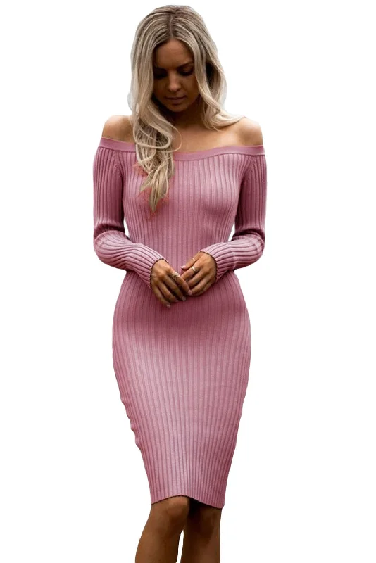 Off Shoulder Long Sleeve Rib Knit Sweater Dress Slim Fit Regular Fit Oversized