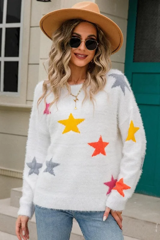 WOMENS COLORED STAR PATTERN SWEATER TOP Graphic Sweater Embroidered Appliqued