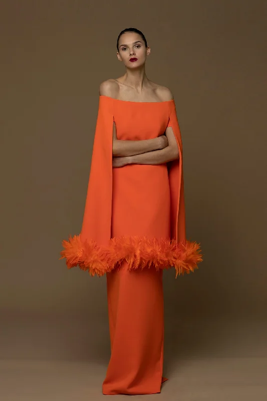 Long feather trim top with column skirt leather skirt sleek