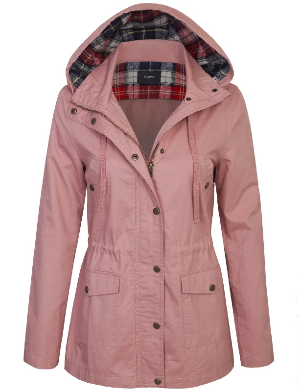 Womens Zip Up Anorak Safari Jacket with Checker Lining Hoodie Snapped Jacket Toggled Jacket Drawstring Jacket