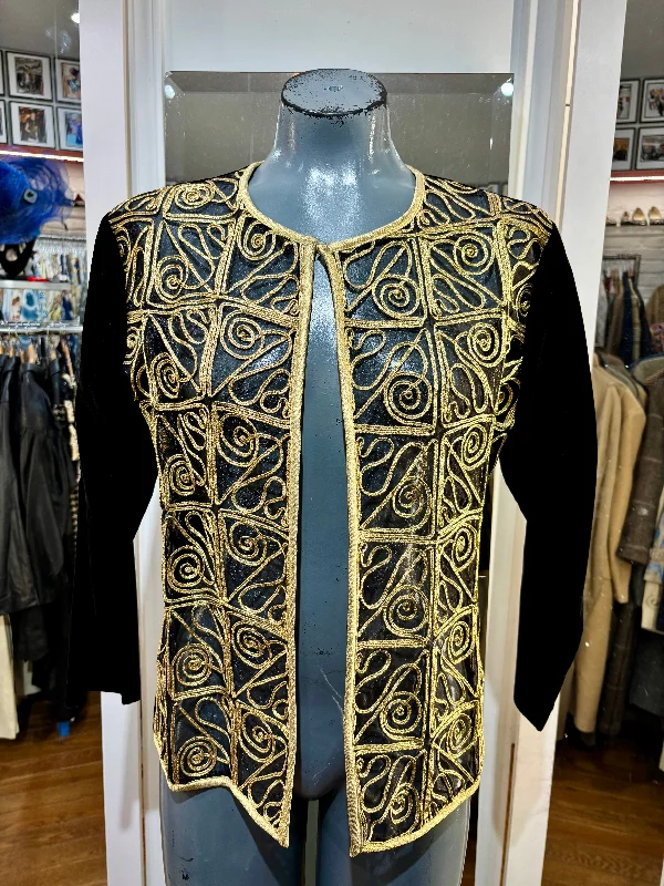 80’s Black Velvet  & Gold Trim Open Jacket By Xes NY Print Jacket Jacquard Jacket Patchwork Jacket