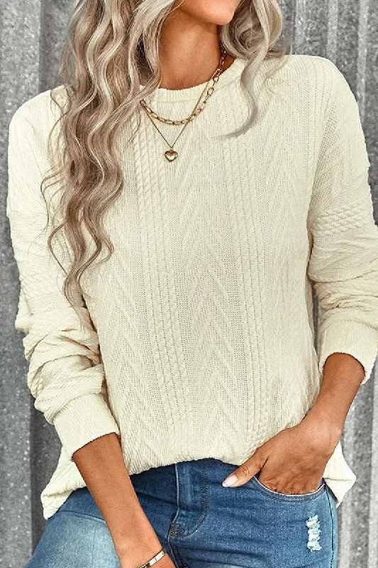 PATTERN KNITTED LONG SLEEVE BASIC SWEATER Front Pockets Side Pockets Patch Pockets