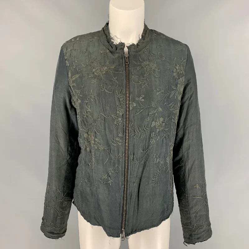 BY WALID Size M Dark Gray Silk Embroidered Jacket Boat Neck Shawl Collar Notched Collar