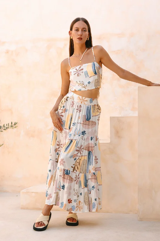 Nyra White Abstract Tiered Maxi Skirt floral skirt print