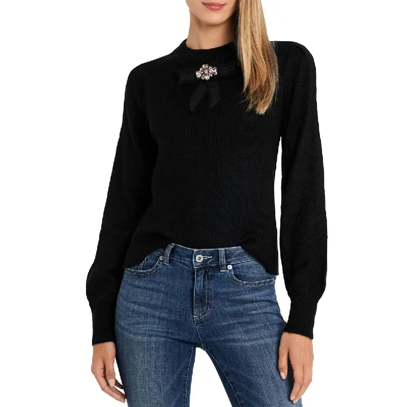 CeCe Womens Bow Mock Neck Sweater Terry Blend Velvet Blend Canvas Blend