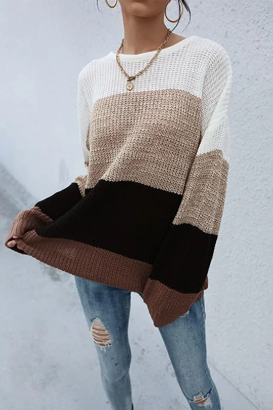 LOOSE FIT COLOR BLOCK KNITTED SWEATER Ribbed Striped Patterned