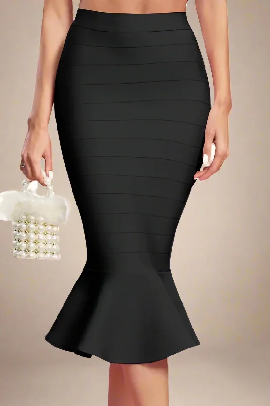 Peplum High Waist Bandage Midi Skirt - Classic Black spandex blend skirt