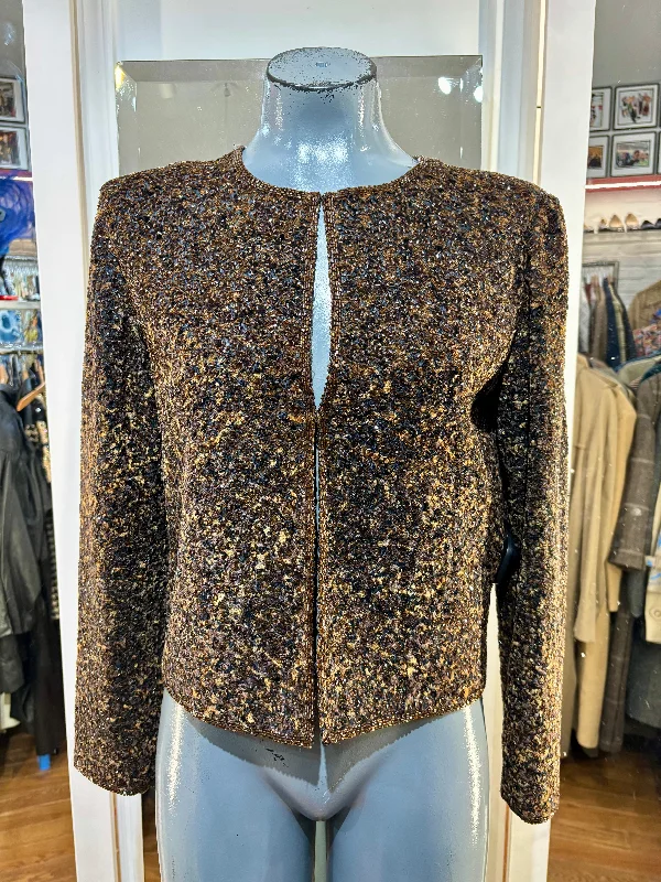 80’s Bronze Beaded Open Jacket By Papell Boutique Cardigan Sweater Pullover