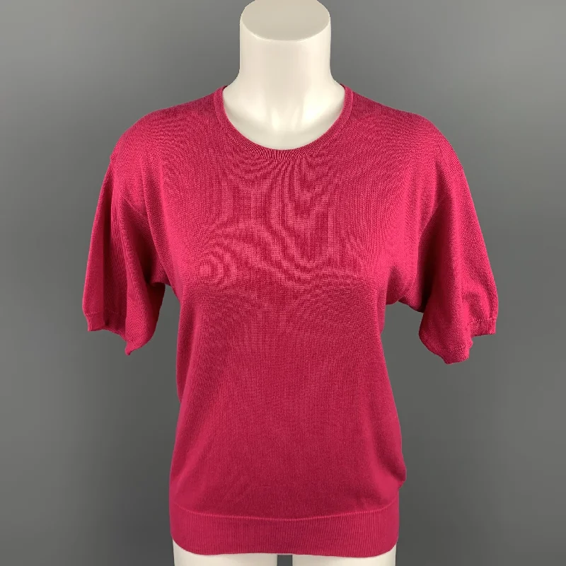 YVES SAINT LAURENT Rive Gauche Size M Fuchsia Cotton Short Sleeve Sweater Fitted Loose Oversized