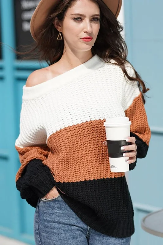 COLOR BLOCK CHUNKY KNIT LOOSE SWEATER Slim Fit Regular Fit Oversized