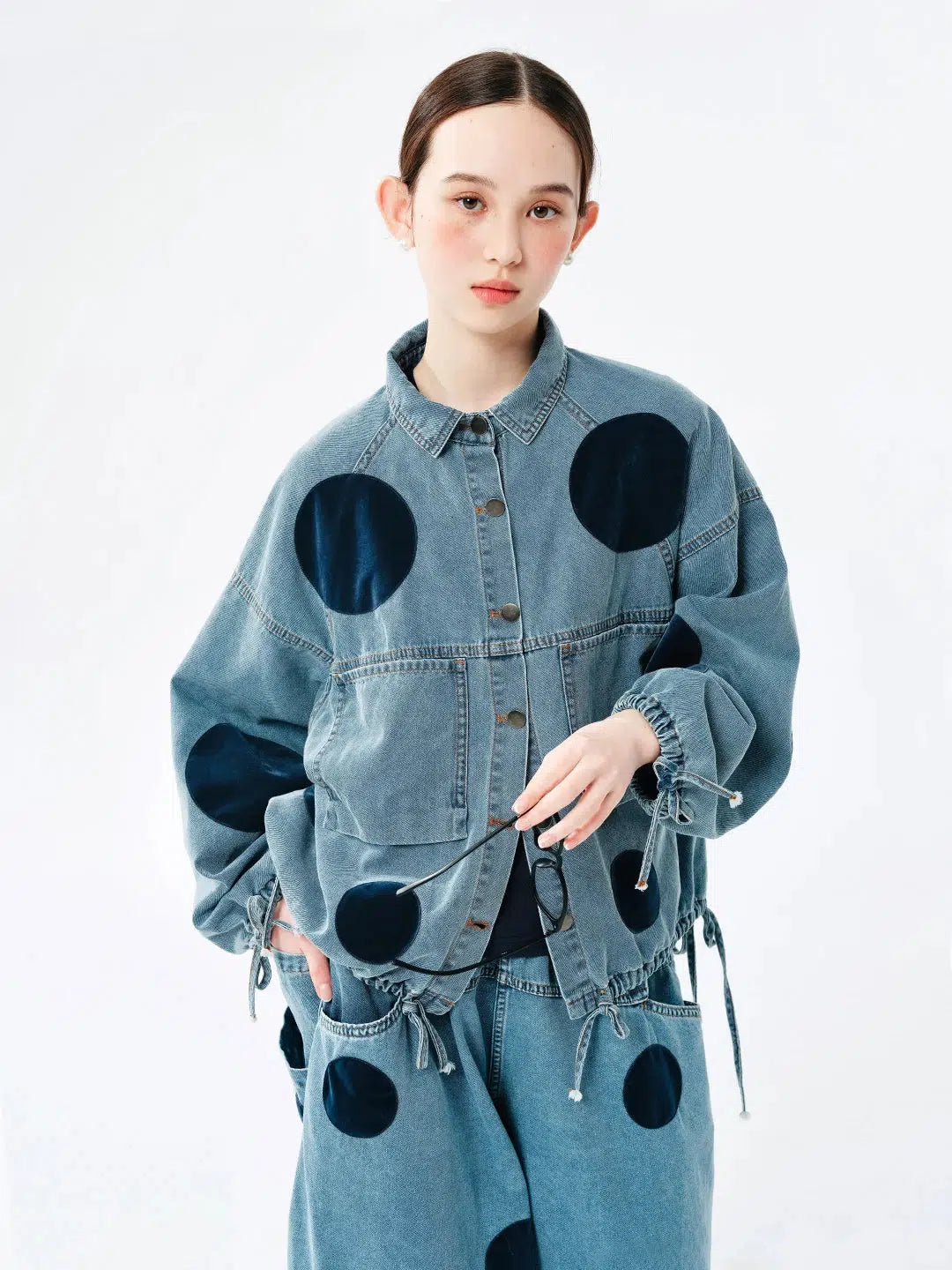 Polka Dot Button Up Denim Jacket Front Pockets Side Pockets Patch Pockets